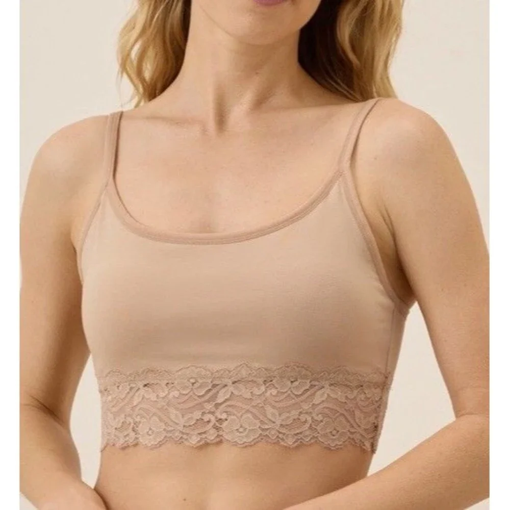 Pact Women's Organic Sustainable Cotton Lace Trim Bralette Beige Nude Comfy Sz M